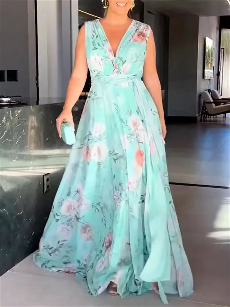 Vestido largo de gasa sin mangas para mujer, traje elegante con estampado, Espalda descubierta, para fiesta, cumpleaños y graduación, novedad de 2024