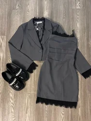 Autumn Korean Fashion Grey 2-piece Set Women High Street Pretty Long Sleeve Lapel Short Coat + Lace Sling Ruffle Dress Suit New