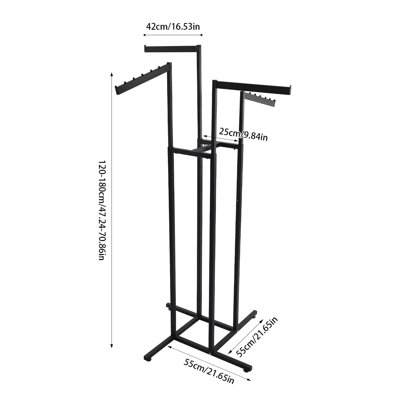 Rack de exibição de roupas, rack de roupas ajustável de 4 vias, prateleiras de roupas de chão com 2 braços retos e 2 braços inclinados para