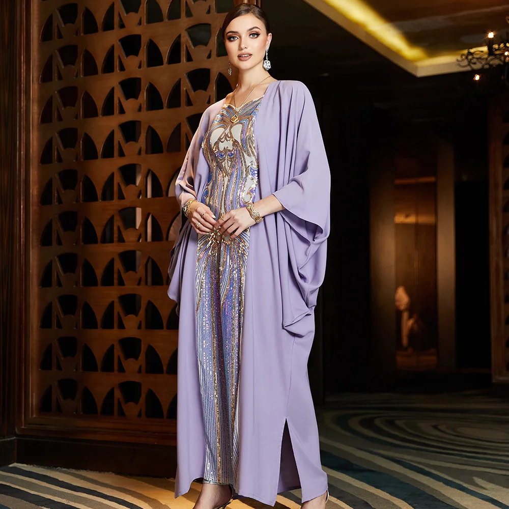 2024 Dubai Evening Dress Women Abaya Bat Sleeve Sequin Fashion Muslim Clothing Moroccan Jilbab Hijab Robe Islam Turkey Abayas