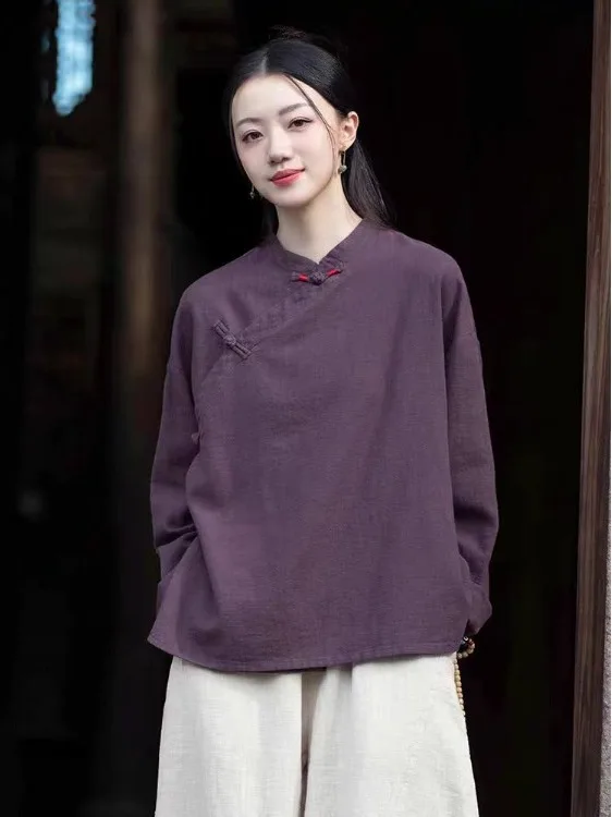 

New Chinese Zen Style Long Sleeve Linen Shirt Women's Autumn Retro Buddhist Style Oblique Collar Buttoned Cotton Linen Tea ...