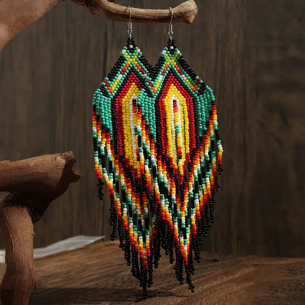 Beaded earrings Tassel Rainbow Gradient Originality Design Hand knitting Bohemia Alloy Tide Simple Rice bead earrings