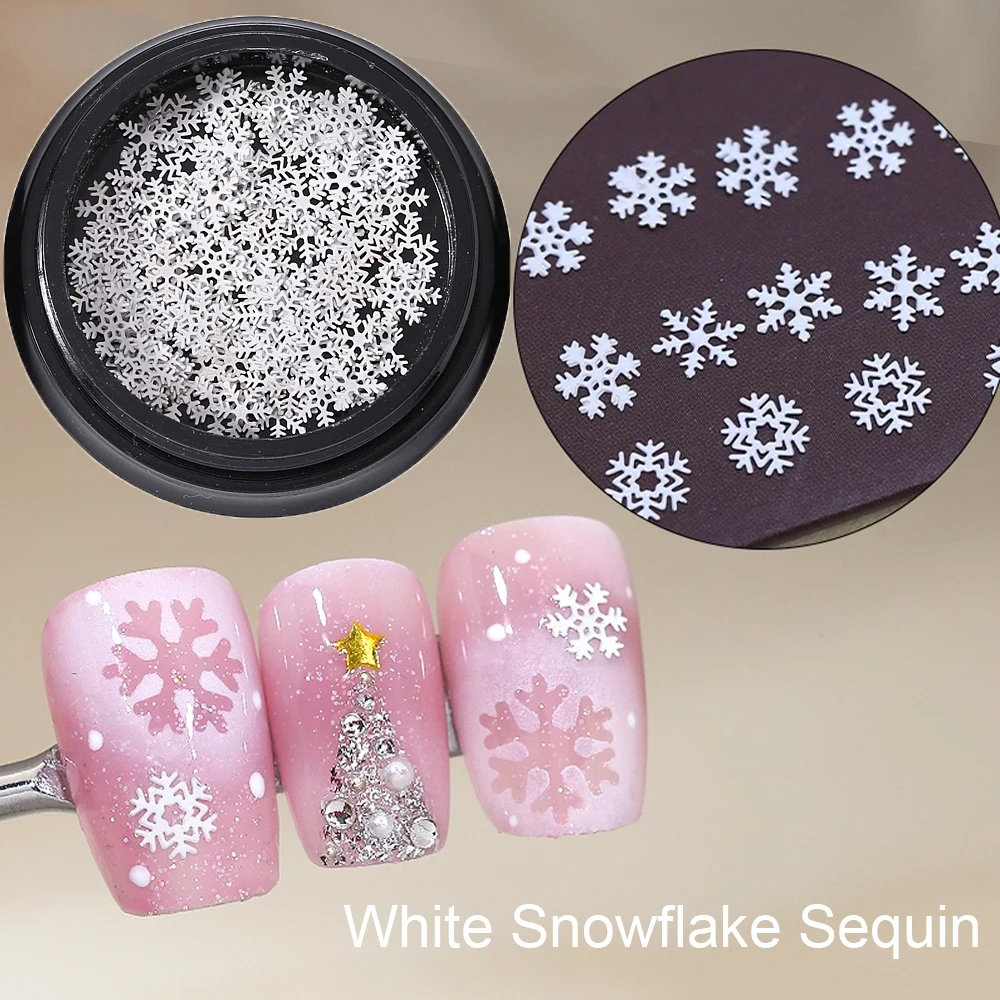 80-90pcs/Box White Christmas Snowflakes Nail Glitter Sequins Hollow Out 8/10mm Mixed-Design Snowflakes DIY Xmas Nail Accessories