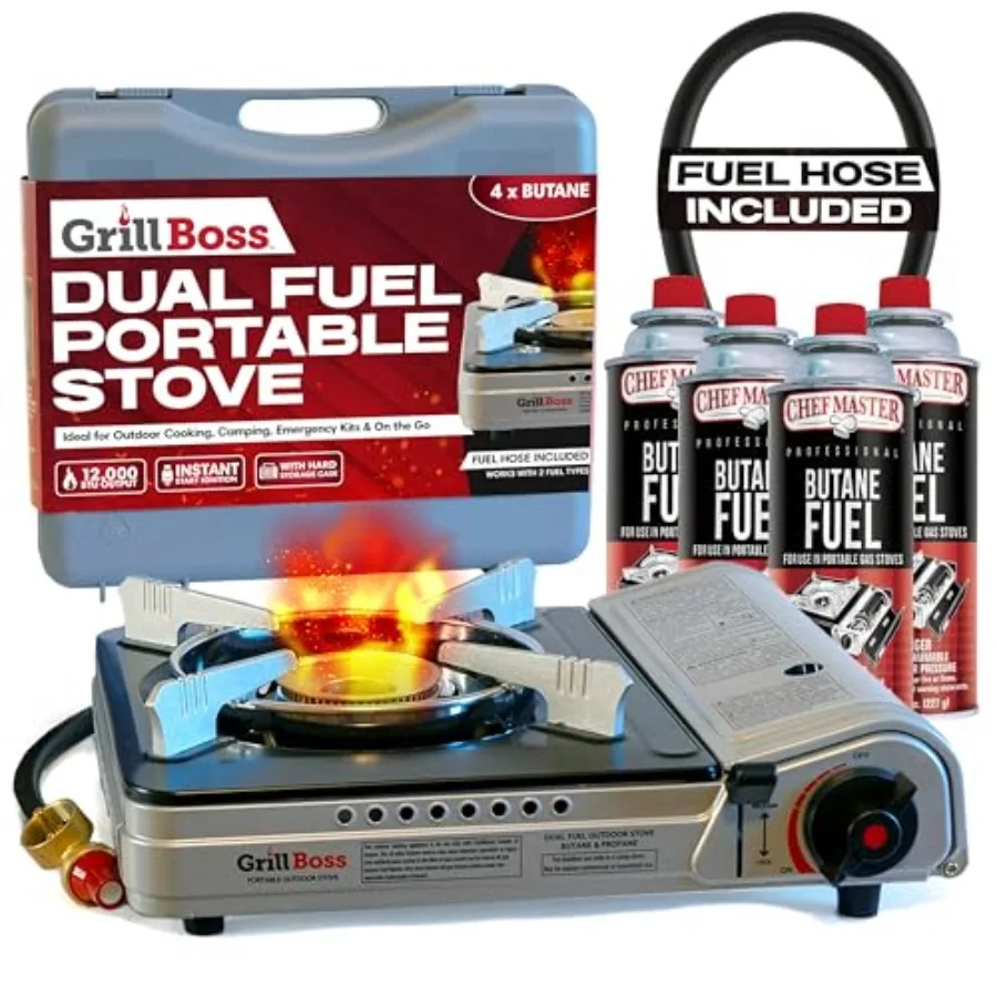 موقد Grill Boss المزدوج للوقود مع علب البيوتان 4 × 8 أونصة 12000 وحدة حرارية بريطانية موقد محمول للتخييم في الهواء الطلق وإعدادات الطوارئ