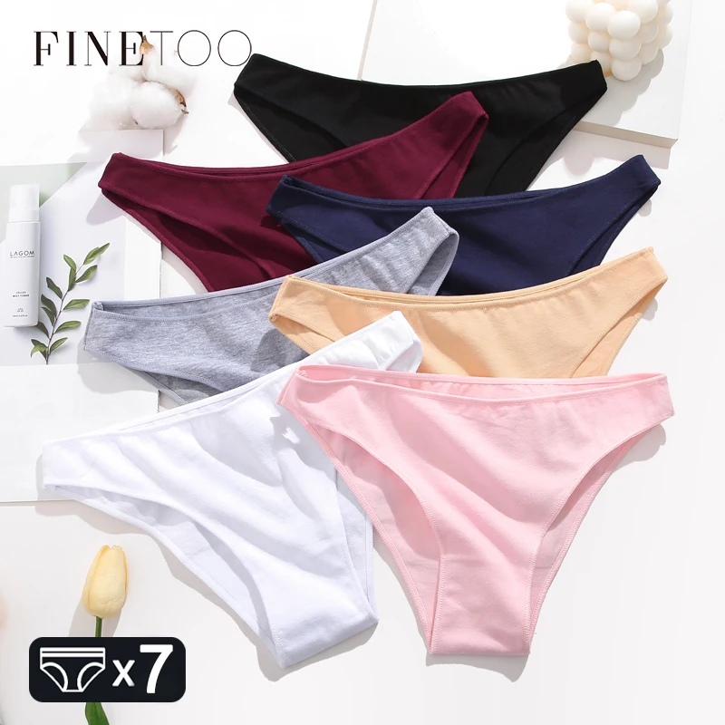 FINETOO 7Pcs/Set Women Cotton Panties Plus Size Underwear Female Sexy Solid Color Low Waist Briefs Breathable Lingerie M-2XL New