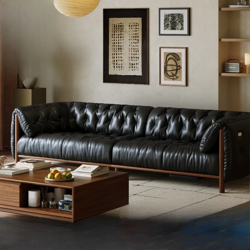 French retro electric adjustable multi-functional black leather sofa living room simple straight sofa