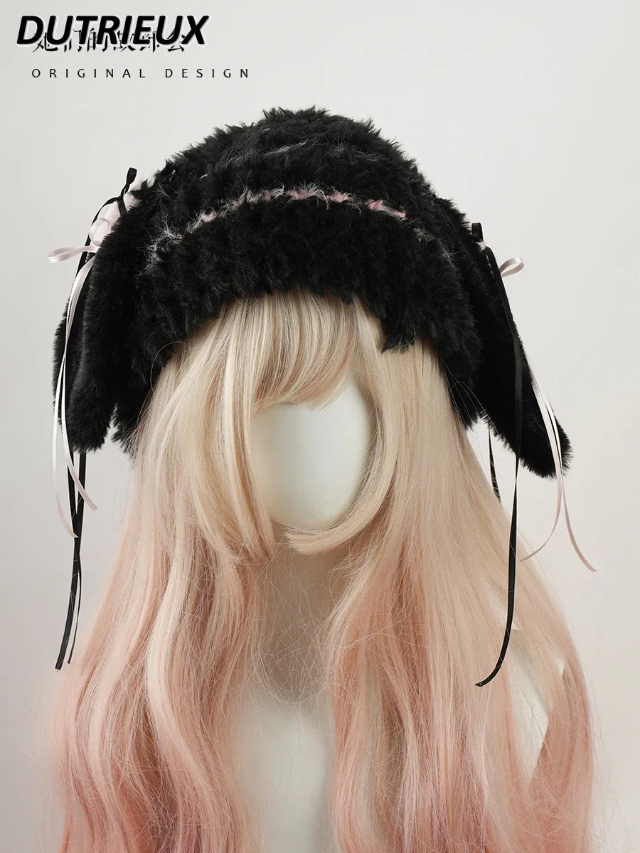 Japanese Sweet Cute Girl Versatile Lace Bow Plush Rabbit Ear Hat Black Niche Y2k Black and White Striped Knitted Hats Caps