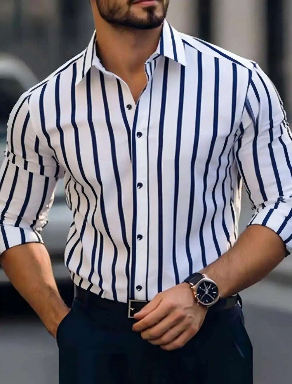 Brand New 13 Color Men's Striped Long Sleeved Shirt, Stylish Design, Collar and Contrasting Color Combination