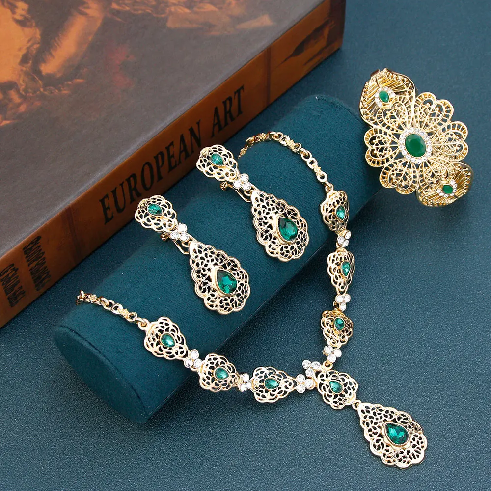 Sunspicems Morocco Bride Jewelry Sets Hollow Flower Women Earring Necklace Bracelet Water Drop Crystal Arabic Wedding Necklace