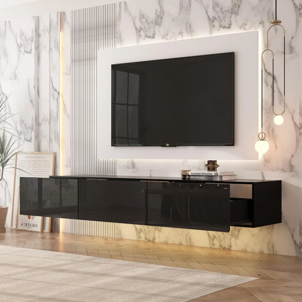 Floating TV Stand Wall Mounted 3 Drawers 16 Color LED Lights High Gloss Entertainment Center Black