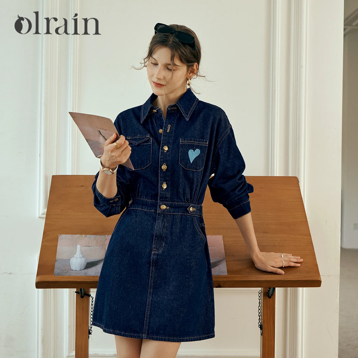 

OLrain Fashion Denim Dresses for Woman 2025 Autumn Turn-down Neck Embroidered Dress Elegant Commute Long Sleeve Dress O57QL85501