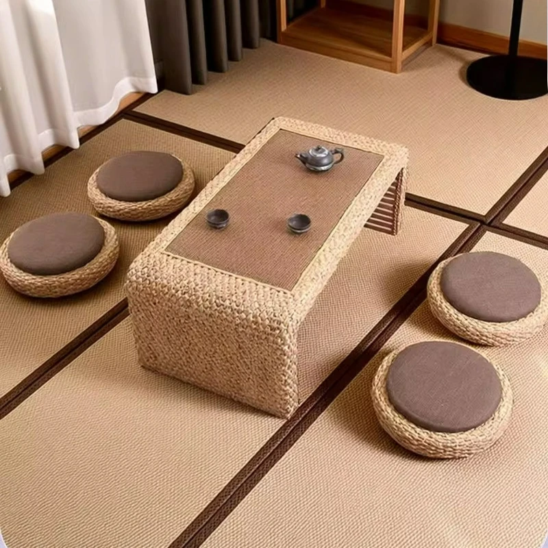 Japanese Rattan Coffee Table Tatami Tea Table for Living Room Balcony Handmade Low Chabudai with Jute Ottoman Tray Home Decor