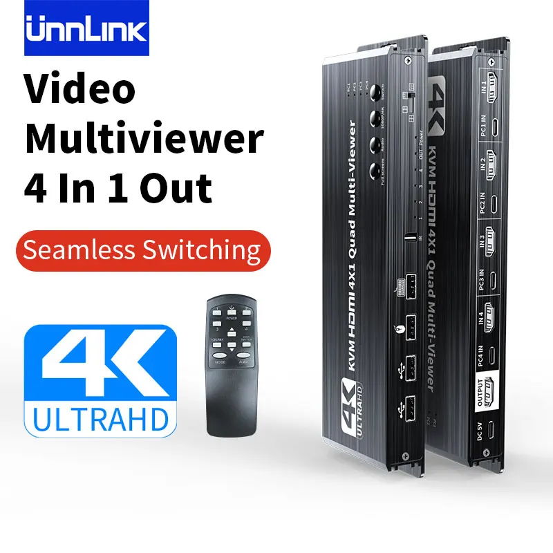 Unnlink 4K HDMI KVM Multiviewer 4x1 Seamless Switch HDMI Quad Screen Real Time Processor for 4 PC Share Mouse Keyboard Monitor