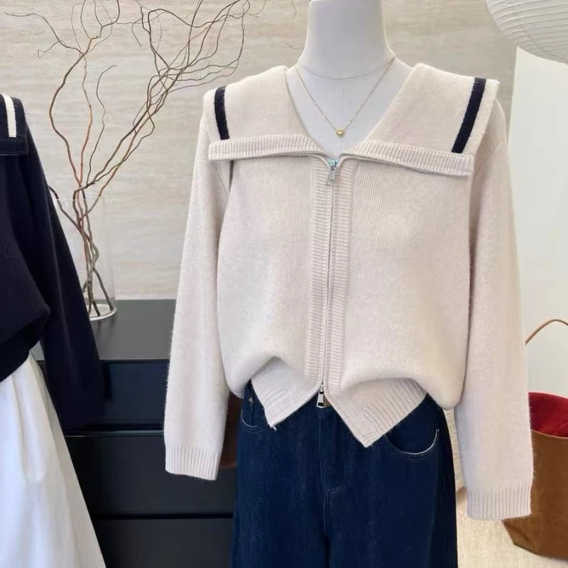 Automne hiver pull court femmes 2025 nouvelle mode ample tricots de couleur Pure fermeture éclair grande taille vêtements d'extérieur femme