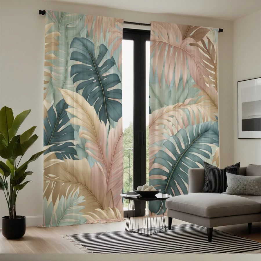 2PCS Digital Print Curtains, Pink Teal Palm Leaves, Tropical Two Tone Decor Botanical Summer Plant Fresh Living Drapes