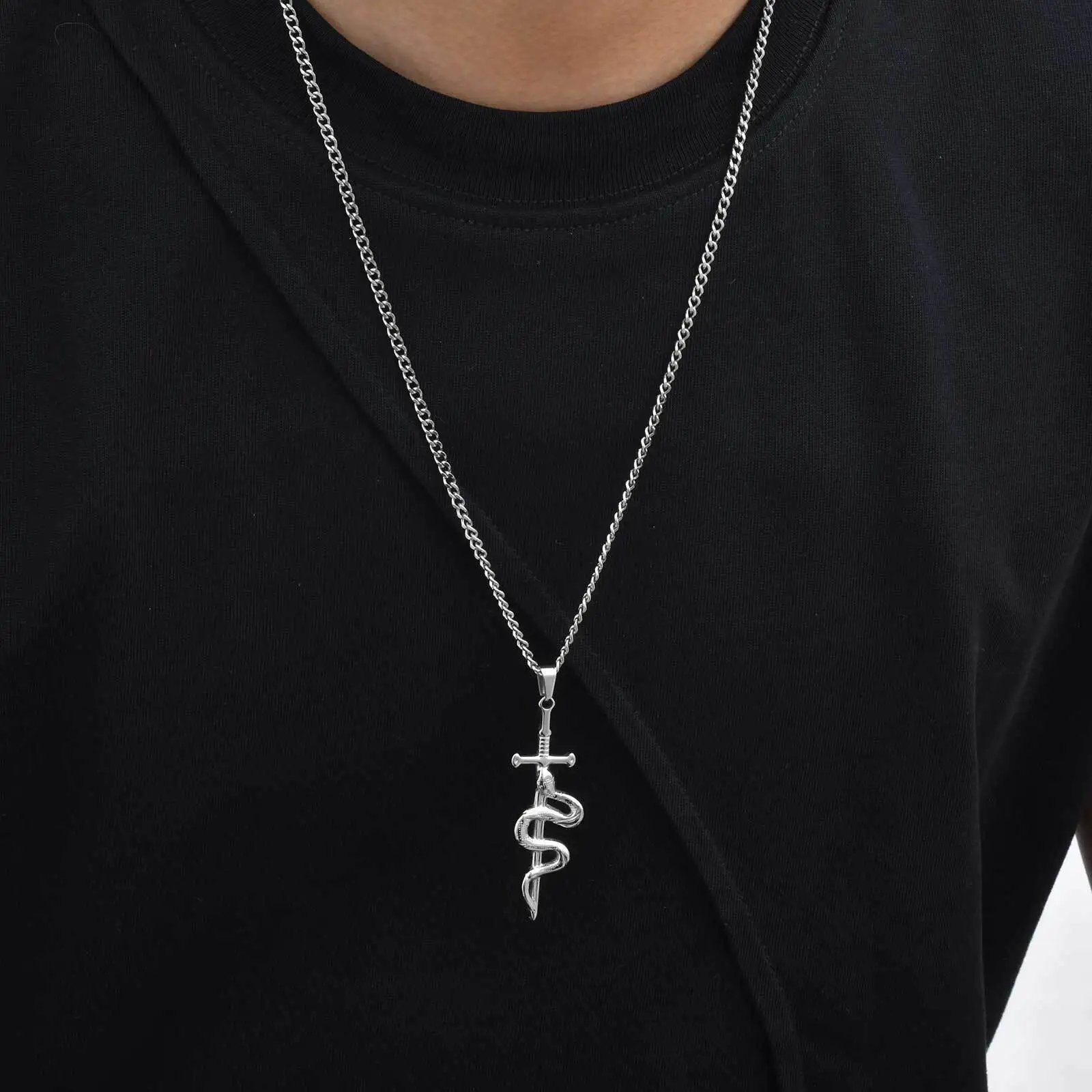Vnox Stainless Steel Punk Cross Snake Pendant Necklace for Men