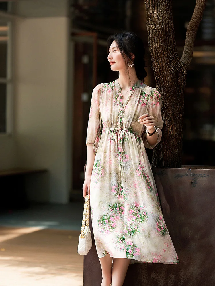 Winsleter-Women's 100%Real Silk Elegant Dress, V Neck 3/4 Sleeve Print Beading, French Vacation Dresses, 2025 Summer D56939CC