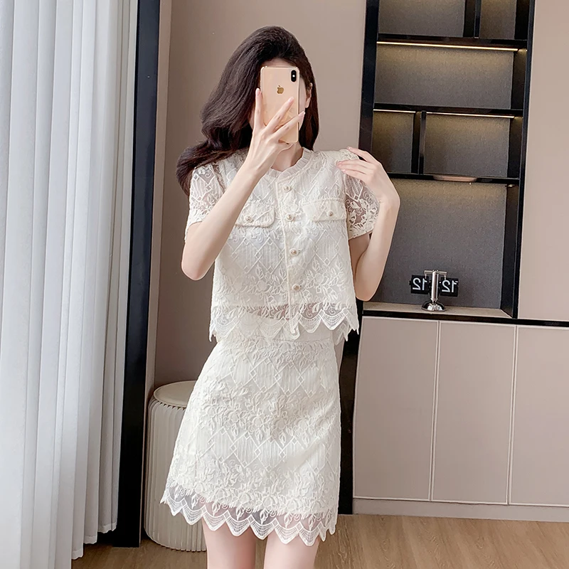 

2025 New Summer Women Elegant Jacquard Lace Skirt Suits Short Sleeve Short Shirt And High Waist Mini Skirt Two Piece Set