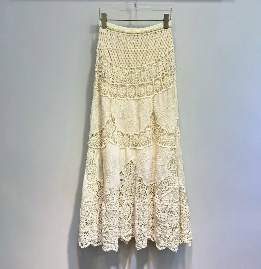 

New 2025 Autumn Fashion Long Skirts High Quality Lady Elastic Waist Allover Crochet Lace Embroidery Long Maxi Skirts Boho Beach