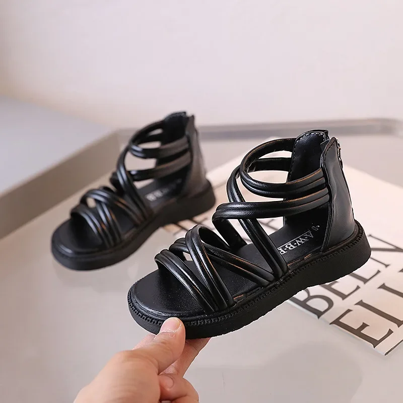 Children Roman Sandals Open Toe Solid Girls Shoes High Top Zipper Princess Shoes Hollow Out Breathable Flat Sandals Zapatos Niña