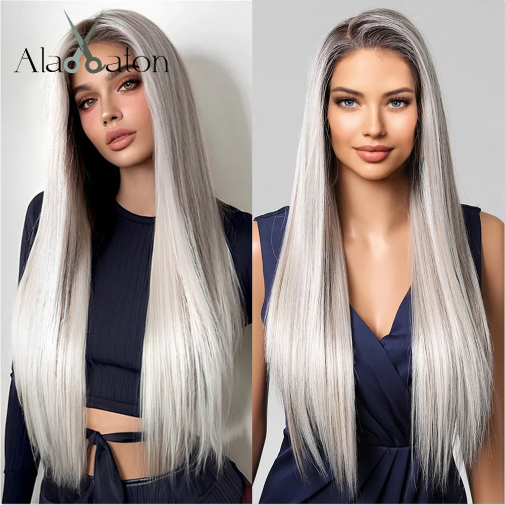 

ALAN EATON Platinum Blonde Lace Front Wigs 13*6 Lace Synthetic Wig Long Silk Straight Hair Natural Ombre Blonde Highlight Wig