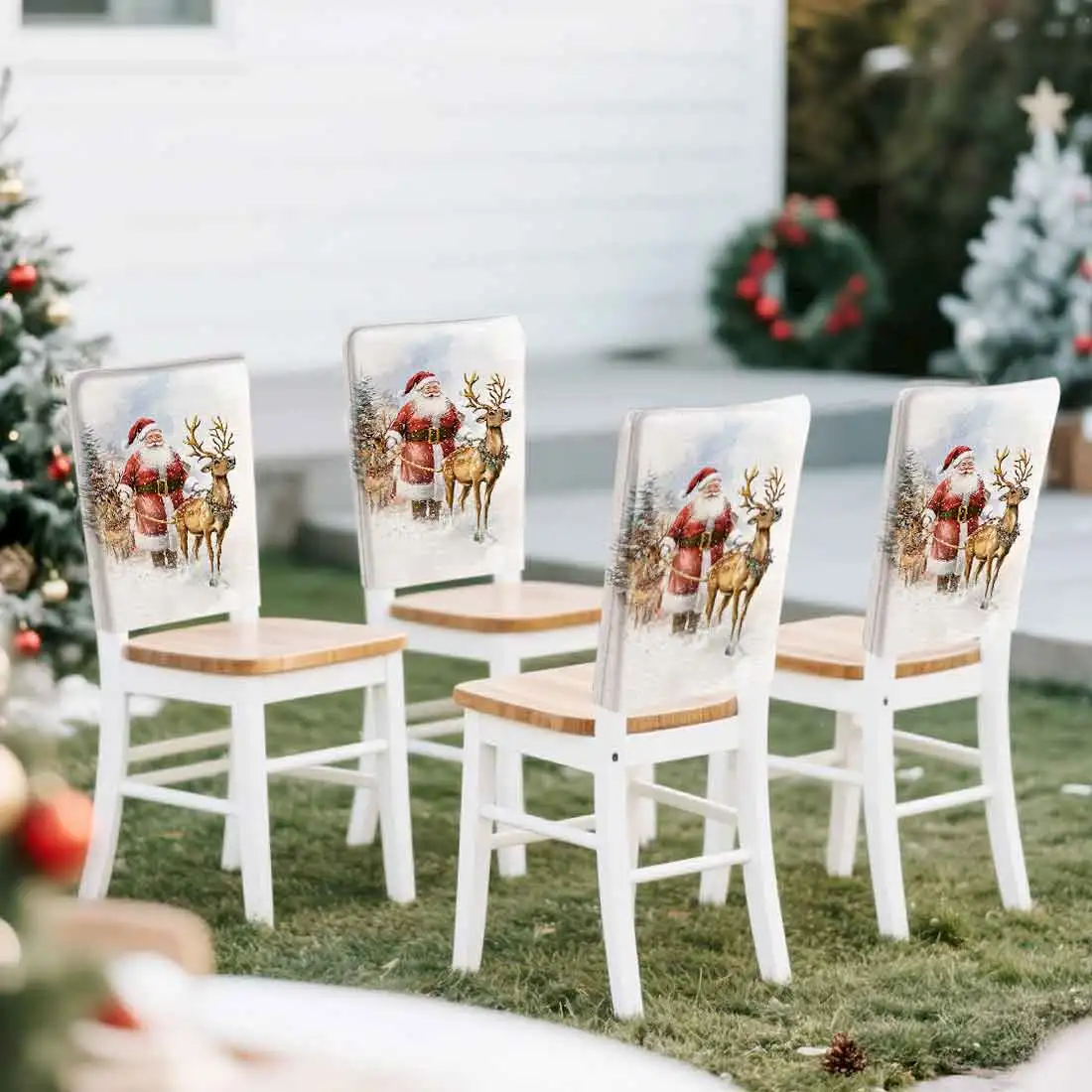 Santa Claus And Reindeer Chair Cover Slipcovers Set of 2/4/6 100% Polyester Dining Room Office Banquet Chair Protective Cover