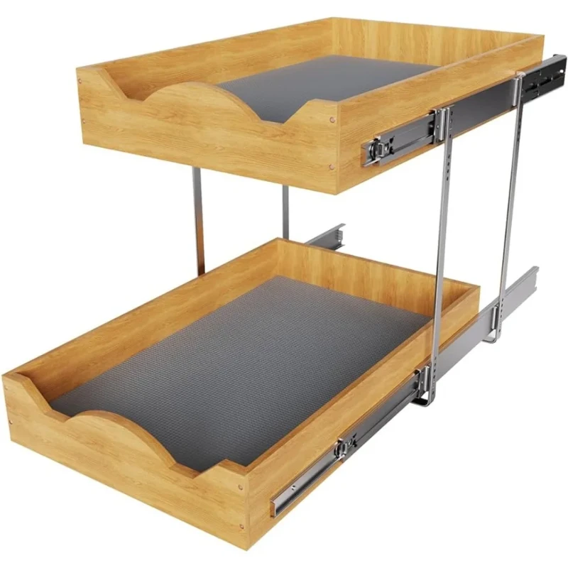Pull Out Drawers For Cabinets 14 W x 21 D, 2 Tier Heavy-Duty Slide out Wood Shelf