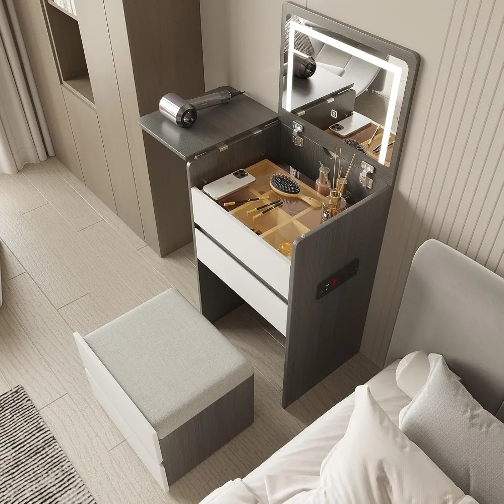 

Vanity Desk with Flip Top Lighted Mirror, Compact Makeup Table with Storage Stool, Integrated Vanity Table with Drawers, 3-in-1
