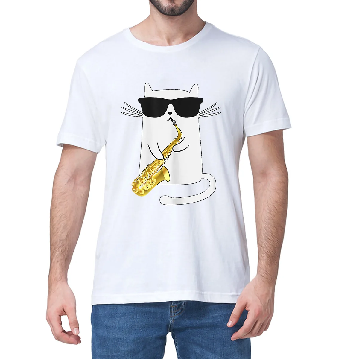 Unisex 100% Cotton Funny Cat Shirt Saxophone Music Gift Men T-Shirt Oversized Casual Tee Clothing Streetwear