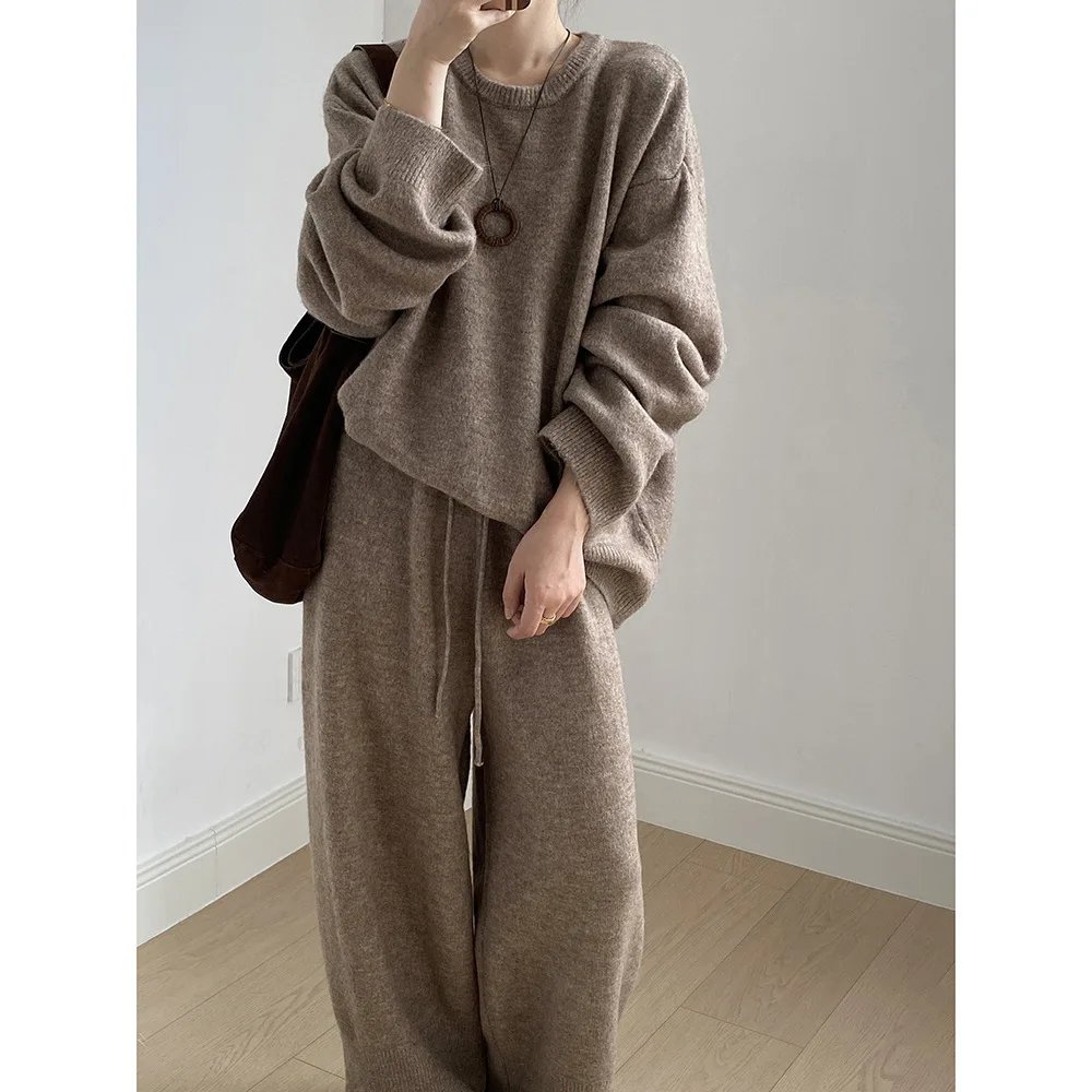 Suéter suelto suave para mujer Otoño Invierno Casual pantalones largos de punto conjunto de dos piezas
