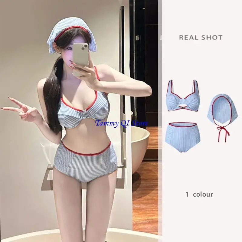 F1FD Blue listrado maiô para mulheres duas peças maiô com cuecas cintura