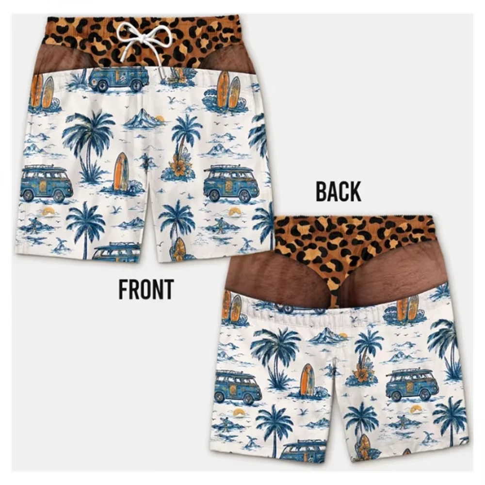 2026 Summer Tropical Plant Funny Beach Party Swim Trunks Men Leopard Print Design Viral Fun Fake Skin Novel Fashion Beach Short