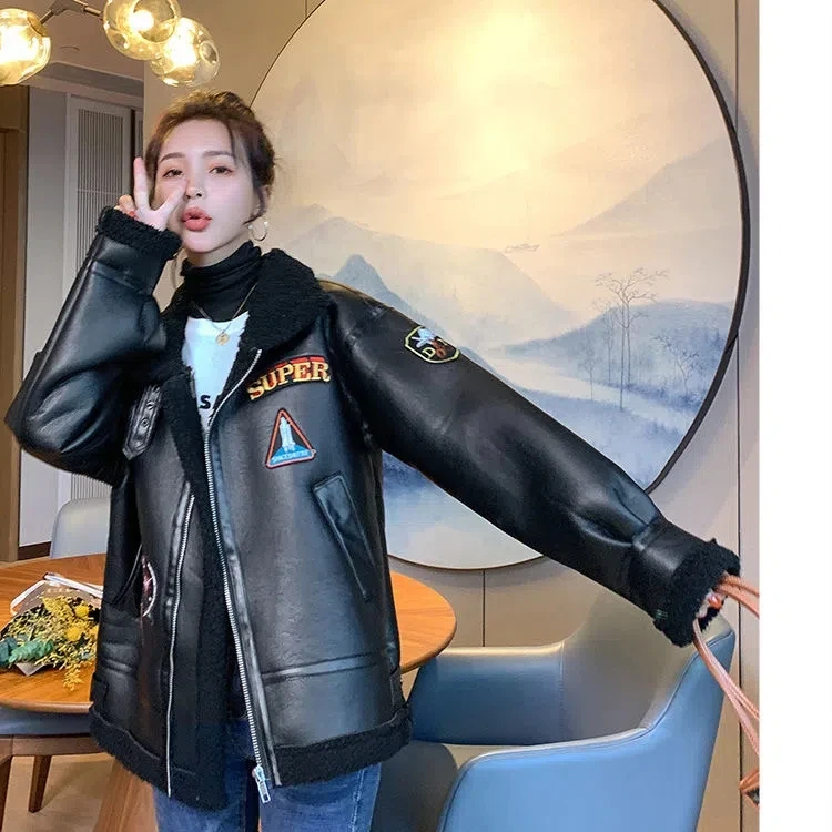 Imitation Lamb Fur PU Leather Jacket Women Winter Jacket 2024 New Tooling Motorcycle Leather Jacket Plus Velvet Warm Thick Coat