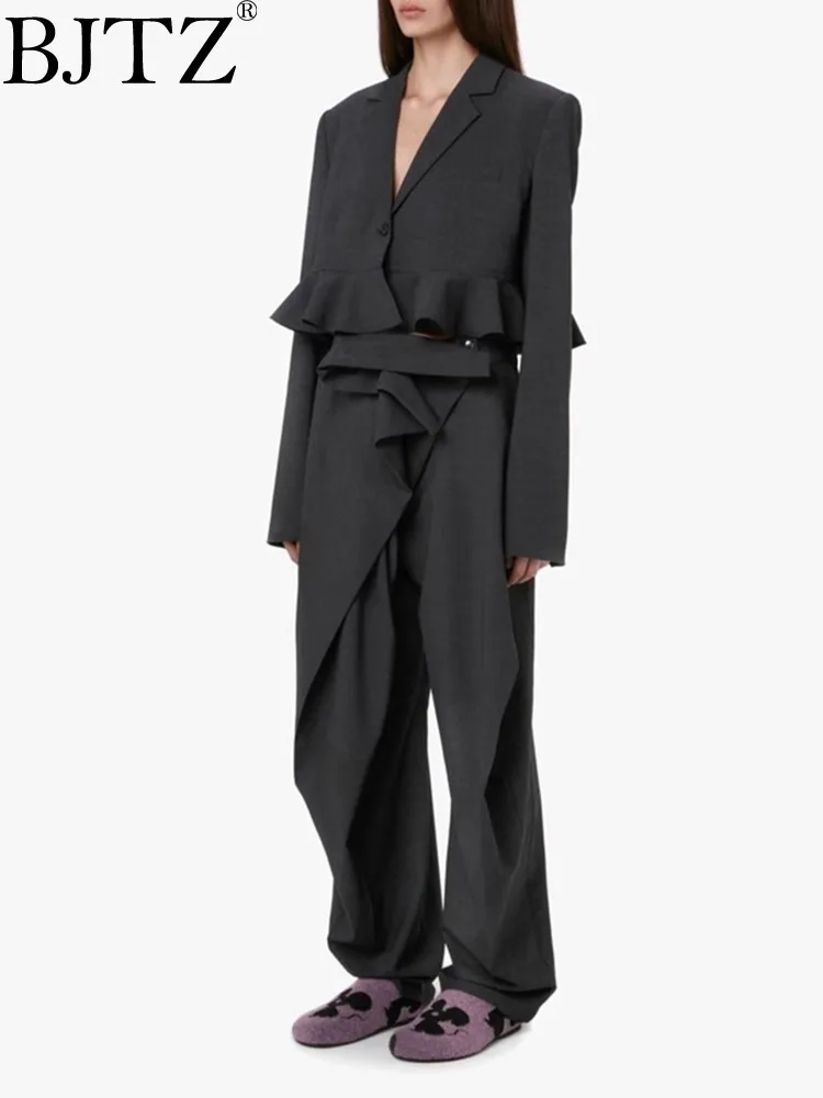 

BJTZ Lotus Leaf Lace Hem Short Suit+buckle Waistband Design Sense Haren Casual Pants Set For Women 2025 Spring Two Piece Set