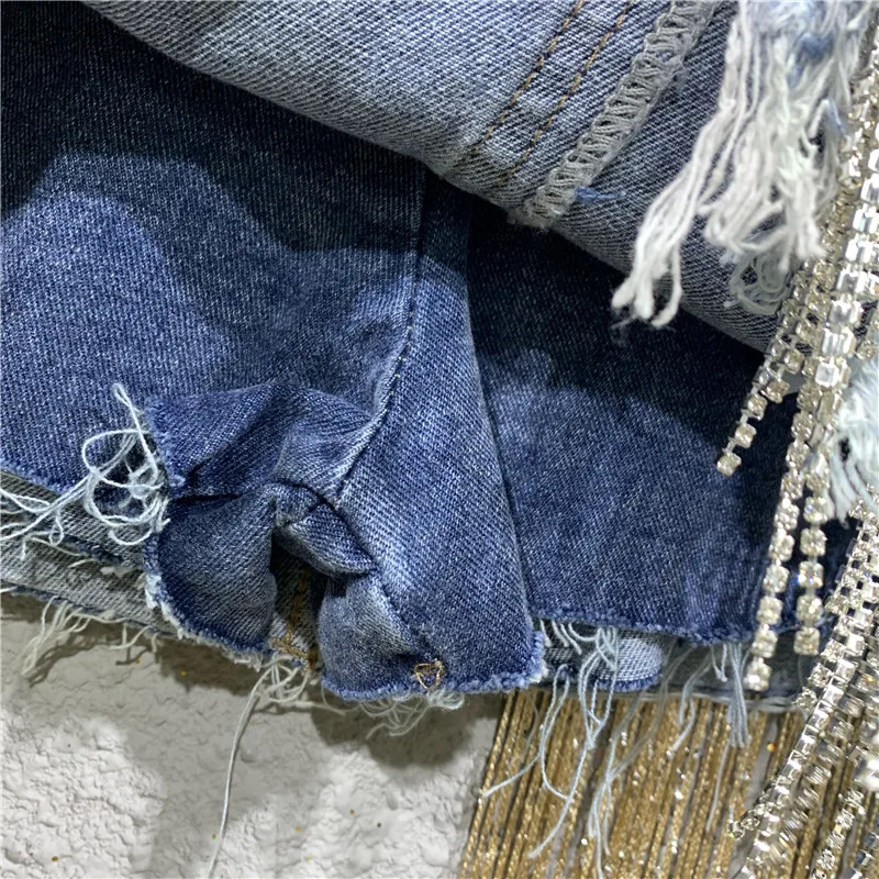 Rhinestone Tassels Ripped Denim Skirts Asymmetry Chain A Line Mini Skirt Streetwear 2024 Summer New Fashion Jeans Skirt