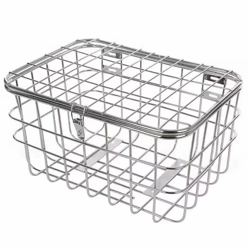 50cm Large Size Stainless Steel Solid Bicycle Basket Tricycle Metal Rear Basket with Lid and Lock Bike Accessories