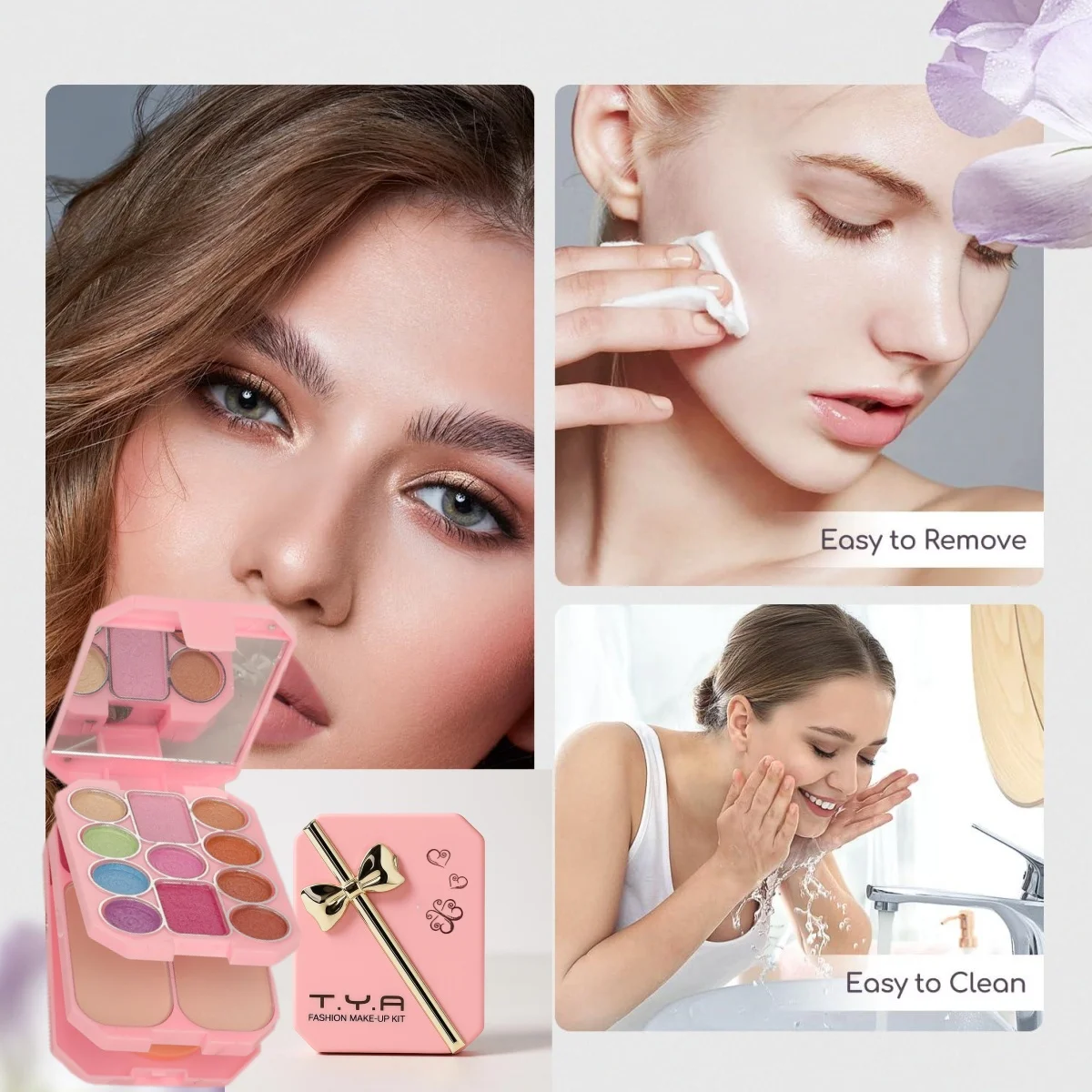 18-Farben-Komplett-Multifunktions-Make-up-Set, perlmuttartiger, mattierter Lidschatten + Rouge + Lippenstift + Puder + Make-up-Pinsel + Puff + Spiegel, unverzichtbare Make-up-Palette für den täglichen Gebrauch, Farben: Lila, Gold, perfektes Geschenk für Frauen