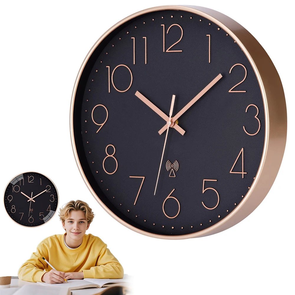 Reloj de Pared Radiocontrolado de 30 cm – Movimiento Silencioso Sin Tictac – Cambio Automático de Horario de Verano a Invierno – Marco de PVC y Cristal HD – Fácil de Colgar – Regalo para Dormitorio o
