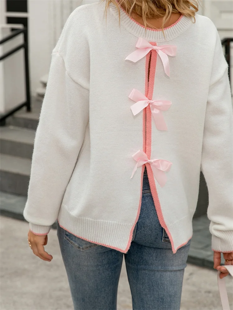 

CHRONSTYLE Women Bow Tie-up Backless Sweaters Stylish Ribbed Contrast Trim Long Sleeve Loose Fit Casual Knitted Tops Fall Winter