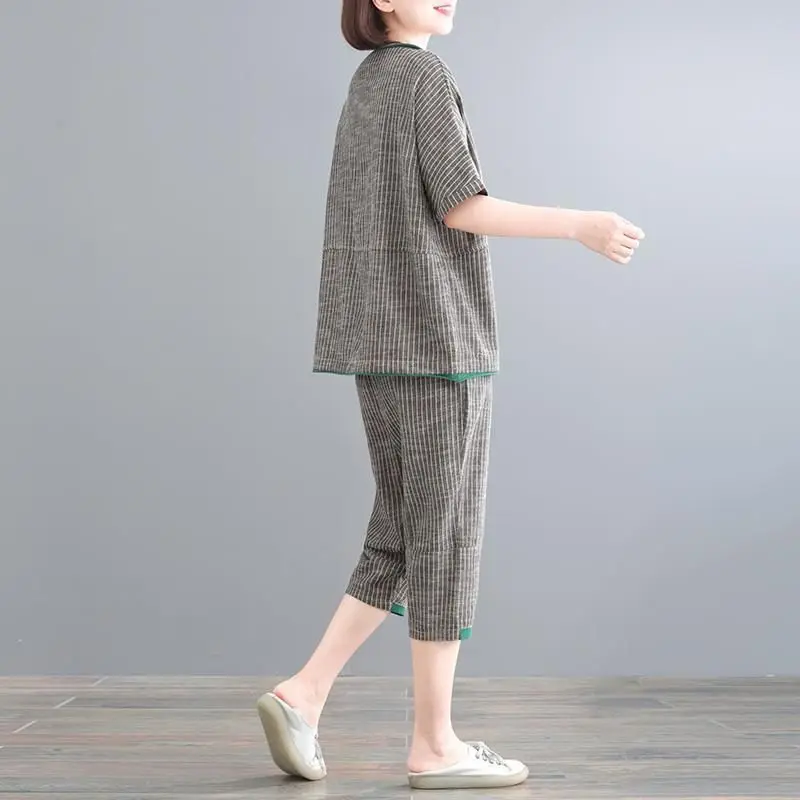 Cotton Linen Sets Women Fashion Design Striped T Shirt Set Casual Loose Oversized Tshirt and Capri Pants Two Piece Set Summer