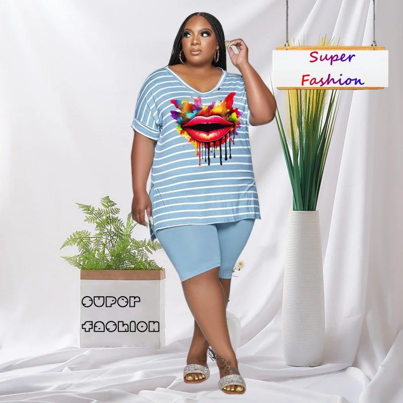 

WSFEC XL-5XL Plus Size Sets Women Clothing Summer Short Sleeve Stripe Casual Loose Sexy Two Piece Matching Sets Female Outfits