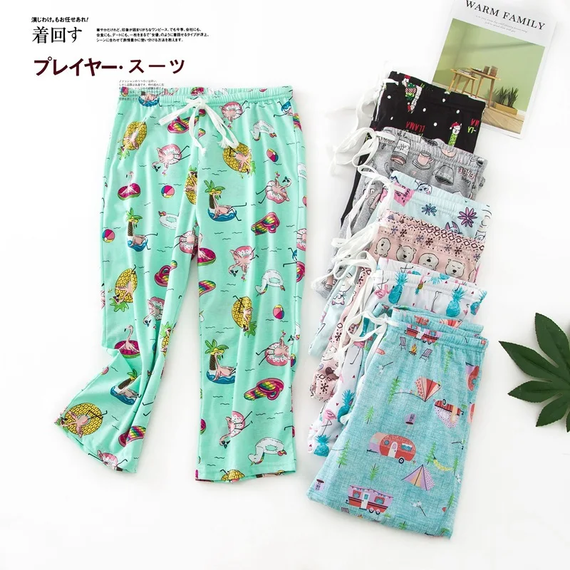 

Summer Women Soft Cotton Sleep Bottoms Female Casual Loosen Nightwear Pants Ladies Cartoon Calf-length Pants Plus Size Pantalon