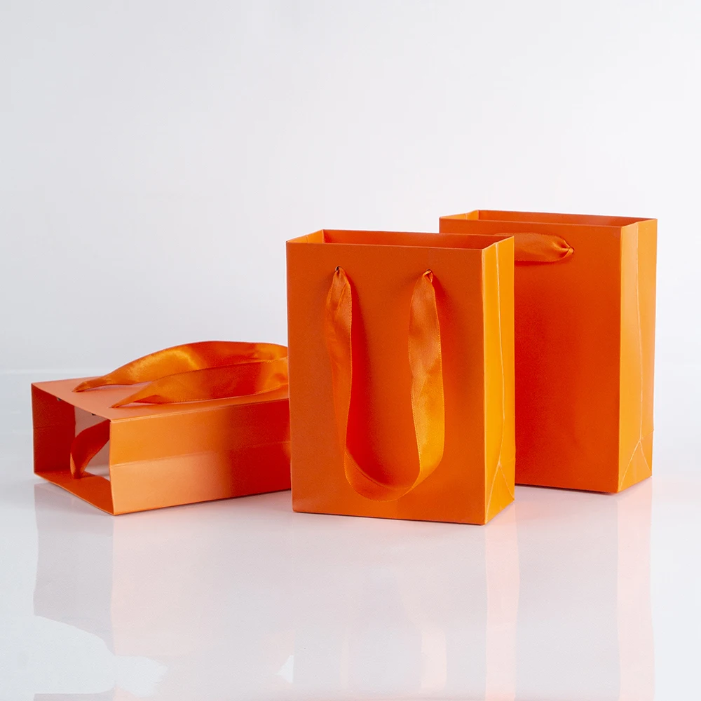 High Grade Shopping Bags Ribbon Handles Orange Kraft Paper Bag 12x5.7x16 For Christmas Wedding Clothes Shoes Gift Box Packaging