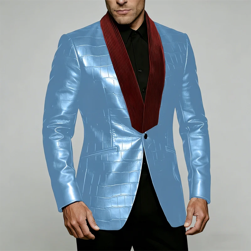 Men‘s Crocodile Pattern Leather Tuxedo Blazer with Corduroy Shawl Collar One Button Suit Jacket Vintage Slim Fit Wedding Party