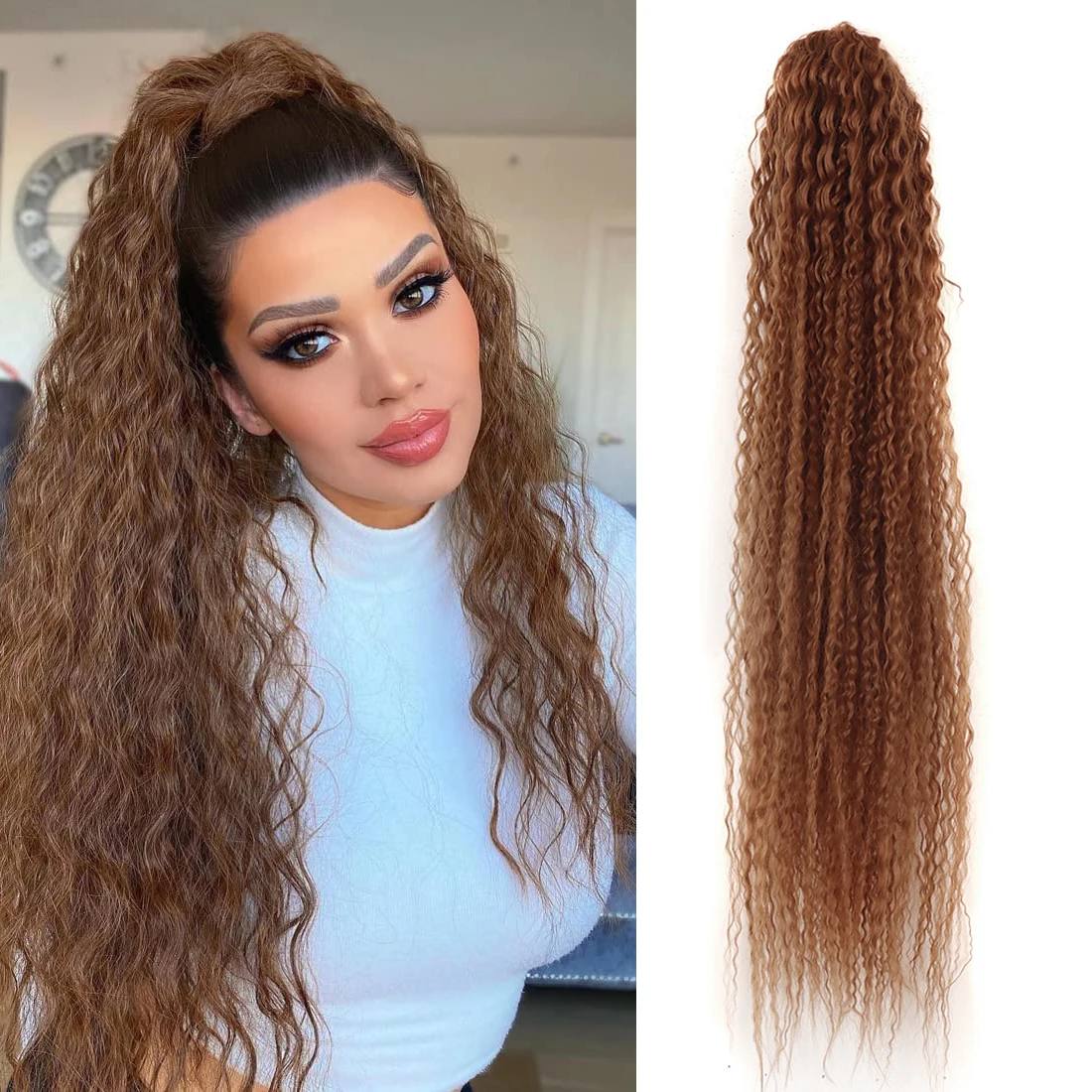 

30Inch Lightweight Full Natural Curly Drawstring Ponytail Fake Pony Tail Multi Synthetic Soft Clip in Hair Extensions for Women