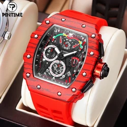 PINTIME Casual Men Fashion Sport Rose Gold Watch Chronograph Function Stopwatch Rubber Strap Auto Date Male Luxury Wristwatch