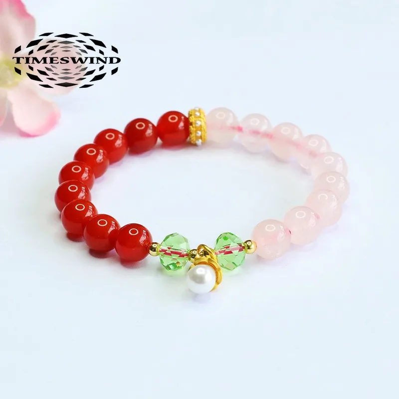 

TIMESWIND Natural Red Agate Pink Crystal Beaded Pearl Alloy Women Bracelet with Certificate