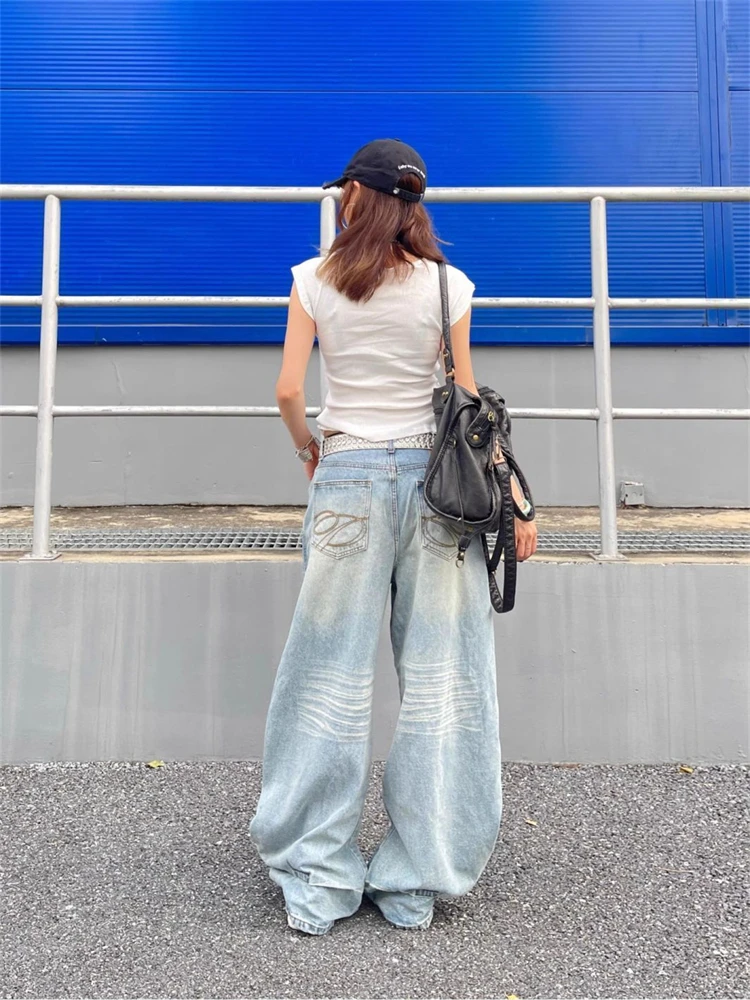 Frauen Retro Blau Gebogene Breite Bein Unisex Jeans Cool Girl Street Style Lose Hosen Casual Böden Weibliche Gerade Denim Hosen