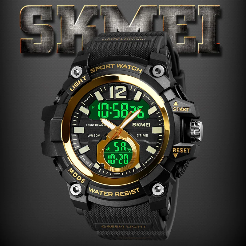 SKMEI جديد 3 الوقت الرجال العسكرية الرياضة ساعة رجالي ساعة مقاوم للماء العد التنازلي ساعة تنبيه العرض المزدوج الساعات relogios masculino
