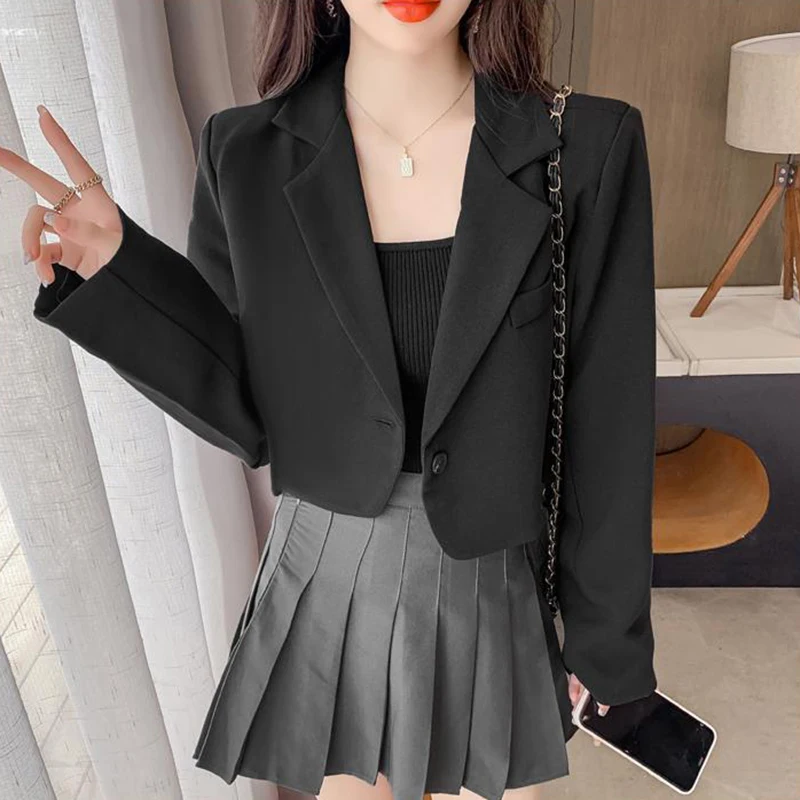 2024 Korean Cropped Blazers Women Solid Color Simple Single-button Outwear Teens All-match Long Sleeve Office Suit Jacket